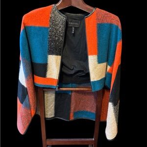 Beautiful wool and leather BCBG Maxazria Geometric Jacket size  XS like new